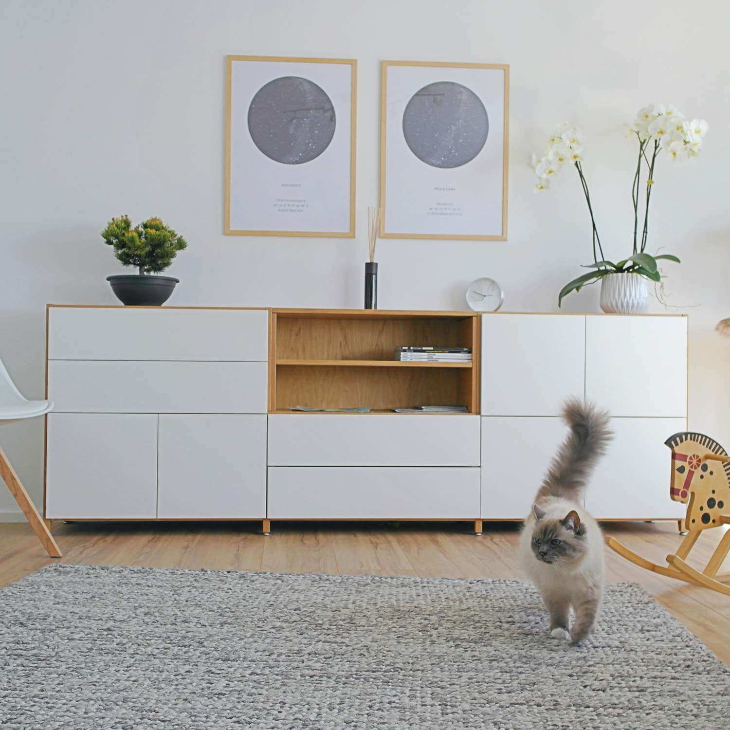 Pazls One Sideboard Weiß mit Eiche-Akzenten, mit Türen und Schubladen und offenem Fach in der Mitte. Katze vor Sideboard zu sehen.